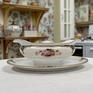 Noritake Gravy Boat Attached Plate N-23 Pattern Japan Gold Trim 1911 - 1950's